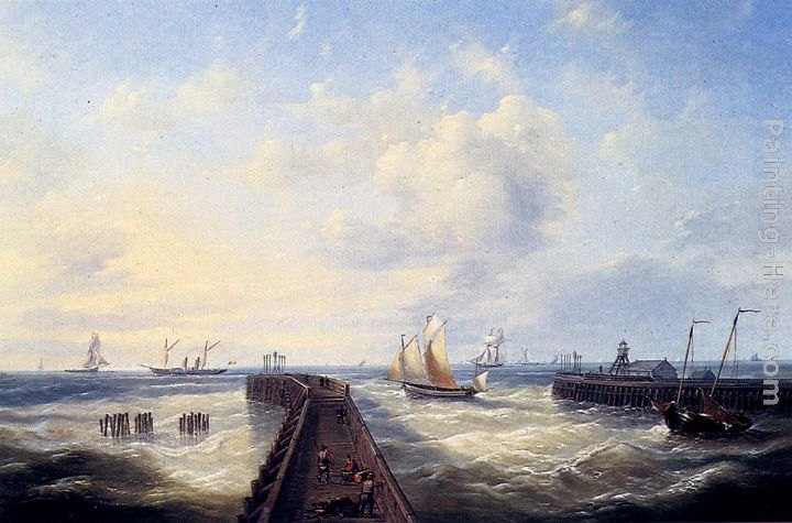 Louis Verboeckhoven Fishing Boats Off A Jetty At Ostend